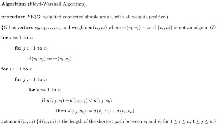 Algorithm (Floyd-Warshall Algorithm).
procedure FW(G: weighted connected simple graph, with all weights positive.)
{G has vertices vo, V₁,..., Un and weights w (v₁, vj) where w (vi, vj) = ∞ if {vi, vj} is not an edge in G}
for i:=1 to n
for j=1 to n
d (vi, vj) = w (vi, Vj)
for i:=1 to n
for j=1 to n
for k=1 to n
if d (vj, vi) + d (vi, Vk) < d (Vj, Vk)
then d (vj, vk) : d (vj, vi) + d (vi, Uk)
return d (vi, vj) {d (vi, vj) is the length of the shortest path between v; and v, for 1 ≤ i ≤n, 1≤j≤n.}
Vj