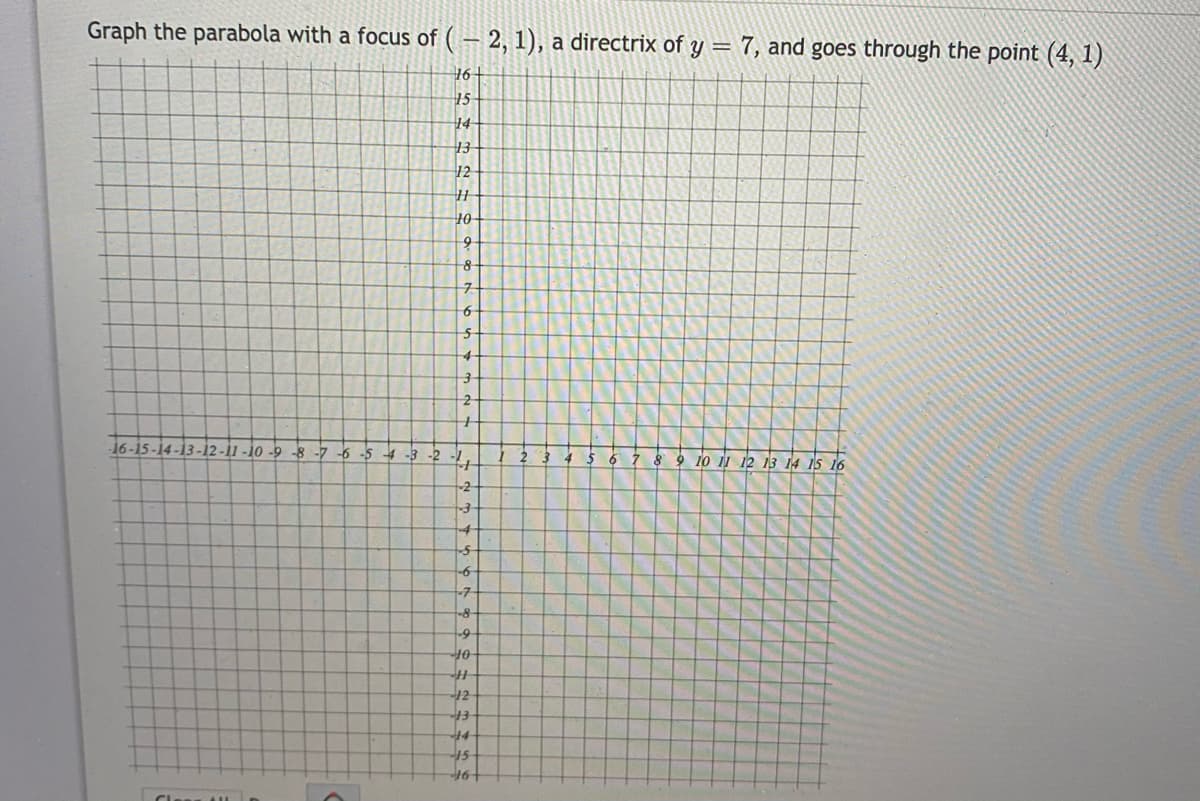 Graph the parabola with a focus of ( – 2, 1), a directrix of y = 7, and goes through the point (4, 1)
16+
15
14
13
12
OF
4-
16-15-14-13-12-11 -10 -9 -8 -7 -6 -5 4 -3
8 9 10 1
13 14 15 16
-6
-7-
-8
12
13
15
-9f-
Cless l
