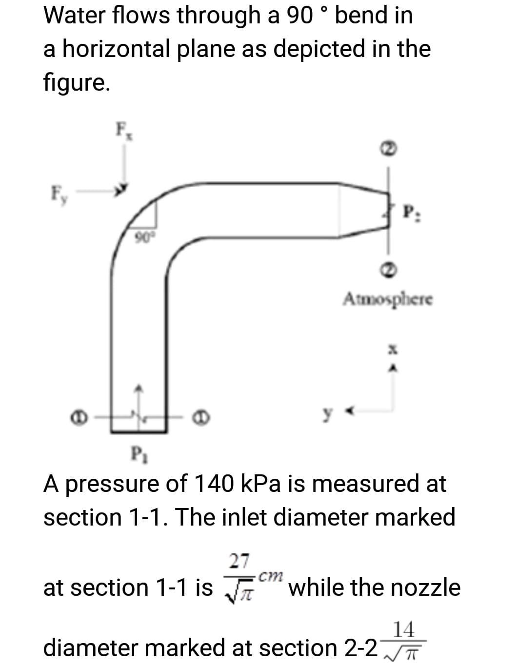 Water flows through a 90° bend in
a horizontal plane as depicted in the
figure.
F₂
90°
P₂
2
Atmosphere
P₁
A pressure of 140 kPa is measured at
section 1-1. The inlet diameter marked
·cm
27
at section 1-1 is while the nozzle
14
diameter marked at section 2-2√√