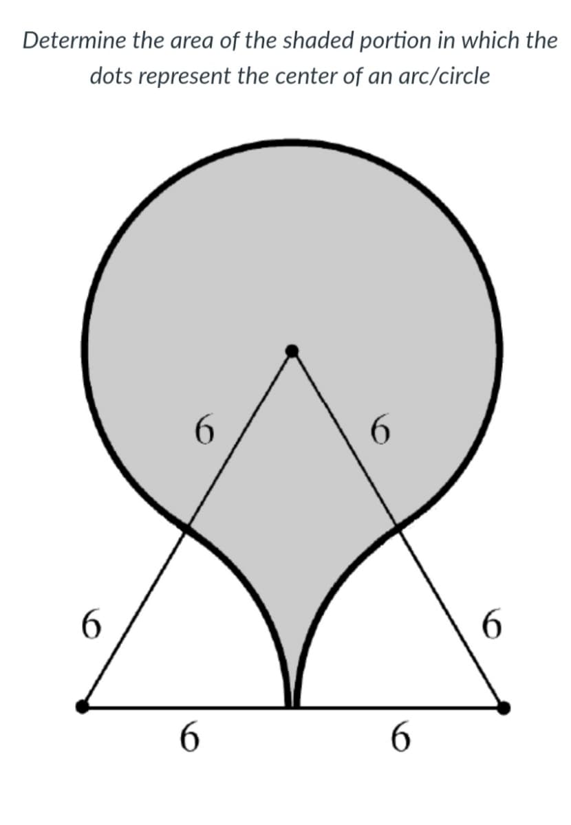 Determine the area of the shaded portion in which the
dots represent the center of an arc/circle
6.
6.
6.
