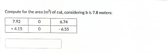 Compute for the area (m2) of cut, considering b is 7.8 meters:
7.92
6.74
+ 4.15
- 6.55
