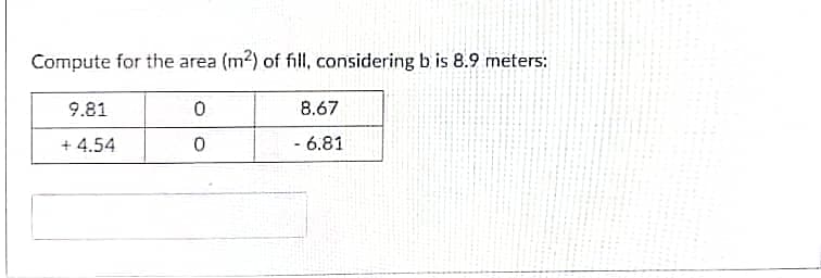 Compute for the area (m2) of fill, considering b is 8.9 meters:
9.81
8.67
+ 4.54
- 6.81
