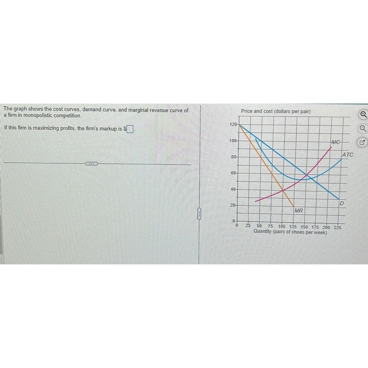 The graph shows the cost curves, demand curve, and marginal revenue curve of
a firm in monopolistic competition.
If this firm is maximizing profits, the firm's markup is $
S
ALECK
120-
100-
80-
60-
40-
20-
0
Price and cost (dollars per pair)
25
MR
ATC
D
50
100 125 150 175 200 225
Quantity (pairs of shoes per week)
75 100 12