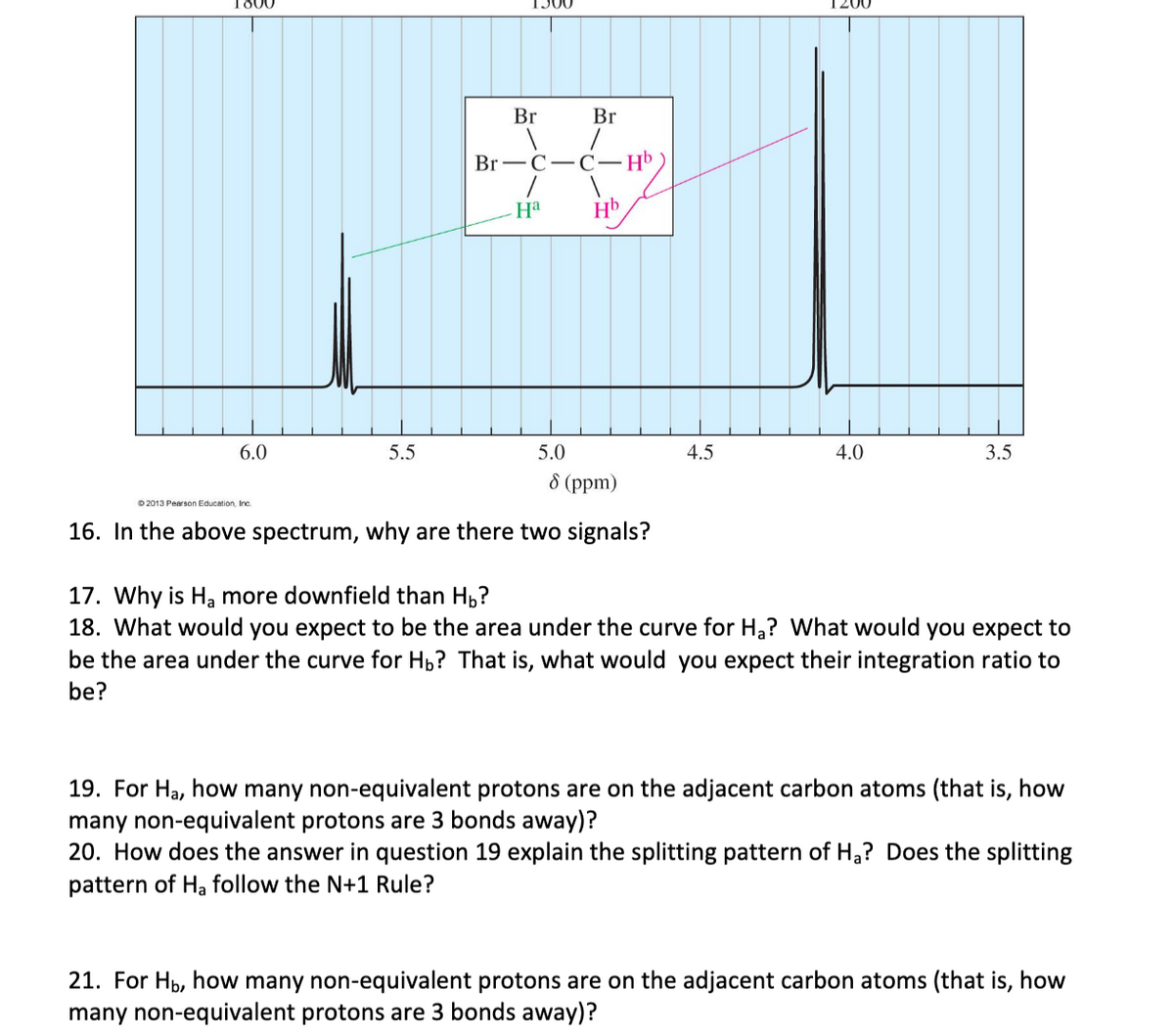 Br
Br
Br — С — С—
На
Hb
6.0
5.5
5.0
4.5
4.0
3.5
8 (ppm)
O 2013 Pearson Education, Inc.
16. In the above spectrum, why are there two signals?
17. Why is Ha more downfield than H,?
18. What would you expect to be the area under the curve for Ha? What would you expect to
be the area under the curve for Hp? That is, what would you expect their integration ratio to
be?
19. For Ha, how many non-equivalent protons are on the adjacent carbon atoms (that is, how
many non-equivalent protons are 3 bonds away)?
20. How does the answer in question 19 explain the splitting pattern of Ha? Does the splitting
pattern of Ha follow the N+1 Rule?
21. For Hp, how many non-equivalent protons are on the adjacent carbon atoms (that is, how
many non-equivalent protons are 3 bonds away)?
