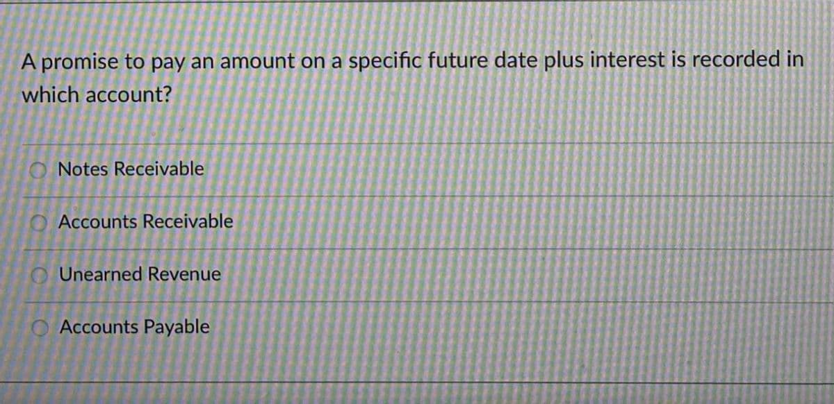 A promise to pay an amount on a specific future date plus interest is recorded in
which account?
Notes Receivable
O Accounts Receivable
O Unearned Revenue
O Accounts Payable