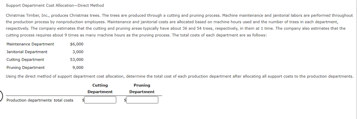 Support Department Cost Allocation-Direct Method
Christmas Timber, Inc., produces Christmas trees. The trees are produced through a cutting and pruning process. Machine maintenance and janitorial labors are performed throughout
the production process by nonproduction employees. Maintenance and janitorial costs are allocated based on machine hours used and the number of trees in each department,
respectively. The company estimates that the cutting and pruning areas typically have about 36 and 54 trees, respectively, in them at 1 time. The company also estimates that the
cutting process requires about 9 times as many machine hours as the pruning process. The total costs of each department are as follows:
Maintenance Department
Janitorial Department
Cutting Department
Pruning Department
Using the direct method of support department cost allocation, determine the total cost of each production department after allocating all support costs to the production departments.
Cutting
Department
$6,000
3,000
53,000
9,000
Production departments' total costs
Pruning
Department