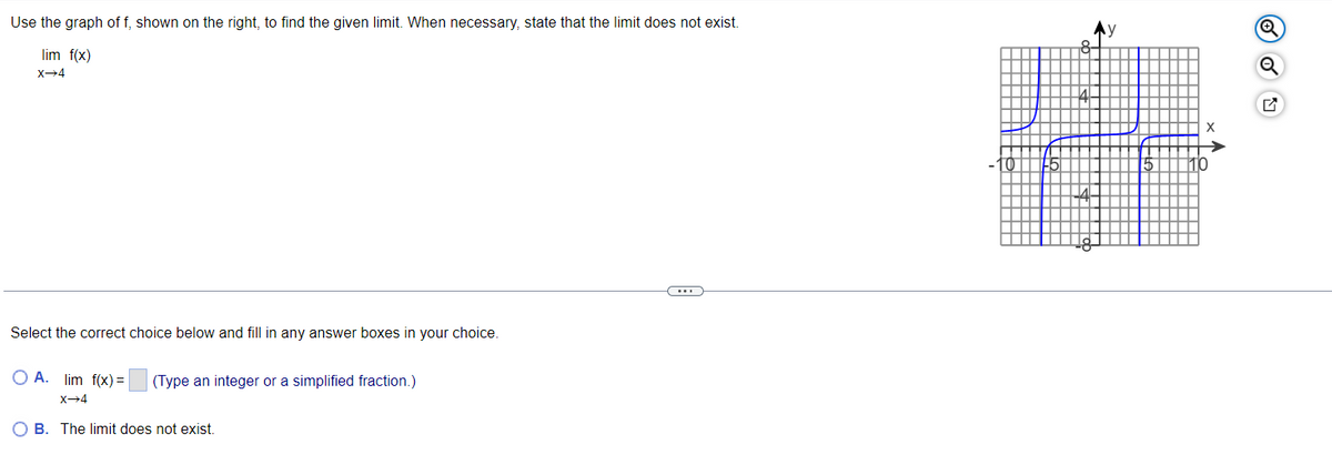 Use the graph of f, shown on the right, to find the given limit. When necessary, state that the limit does not exist.
lim f(x)
X→4
Select the correct choice below and fill in any answer boxes in your choice.
OA. lim f(x) =
X→4
(Type an integer or a simplified fraction.)
OB. The limit does not exist.
8
Q
✔