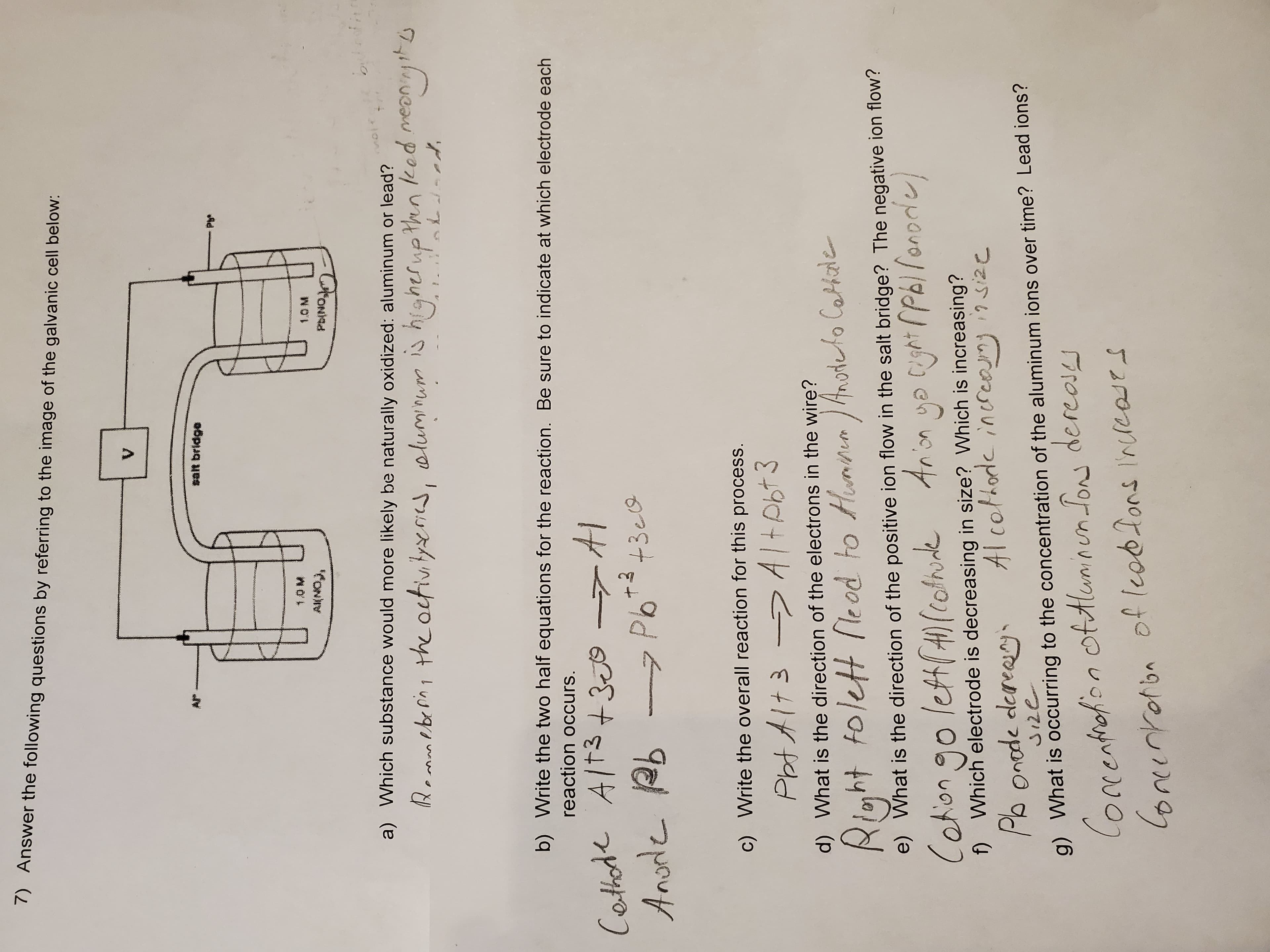 Answer the following questions by referring to the image of the galvanic cell below:
salt bridge
Ad
1.0 M
a) Which substance would more likely be naturally oxidized: aluminum or lead?
the octivityericd, oluminum
higherup thn ked meoning!
Remmeberina is
b) Write the two half equations for the reaction. Be sure to indicate at which electrode each
reaction occurs.
