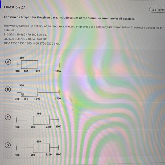 Question 27
2.5 Points
Construct a boxplot for the given data. Include values of the 5-number summary in all boxplots.
The weekly salaries (in dollars) of 24 randomly selected employees of a company are shown below. Construct a boxplot for the
data set.
310 320 450 460 470 500 520 540
580 600 650 700 710 840 870 900
1000 1200 1250 1300 1400 1720 2500 3700
510
A.
310
705
1225
3700
500
B)
310
700
1200
3700
705
310
510
2225
3700
600
310
500
1200
3700
