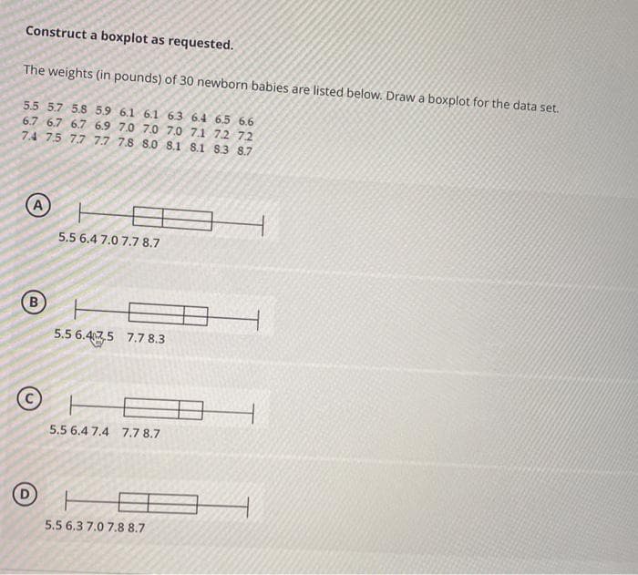 Construct a boxplot as requested.
The weights (in pounds) of 30 newborn babies are listed below. Draw a boxplot for the data set.
5.5 5.7 5.8 5.9 6.1 6.l 63 6.4 6.5 6.6
6.7 6.7 6.7 6.9 7.0 7.0 7.0 7.1 72 72
7.4 7.5 7.7 7.7 7.8 8.0 8.1 S.1 8.3 8.7
5.5 6.4 7.0 7.7 8.7
B
5.5 6.475 7.7 8.3
5.5 6.4 7.4 7.7 8.7
E
5.5 6.3 7.0 7.8 8.7
B.

