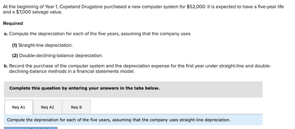 At the beginning of Year 1, Copeland Drugstore purchased a new computer system for $52,000. It is expected to have a five-year life
and a $7,000 salvage value.
Required
a. Compute the depreciation for each of the five years, assuming that the company uses
(1) Straight-line depreciation.
(2) Double-declining-balance depreciation.
b. Record the purchase of the computer system and the depreciation expense for the first year under straight-line and double-
declining-balance methods in a financial statements model.
Complete this question by entering your answers in the tabs below.
Req A1
Req A2
Req B
Compute the depreciation for each of the five years, assuming that the company uses straight-line depreciation.