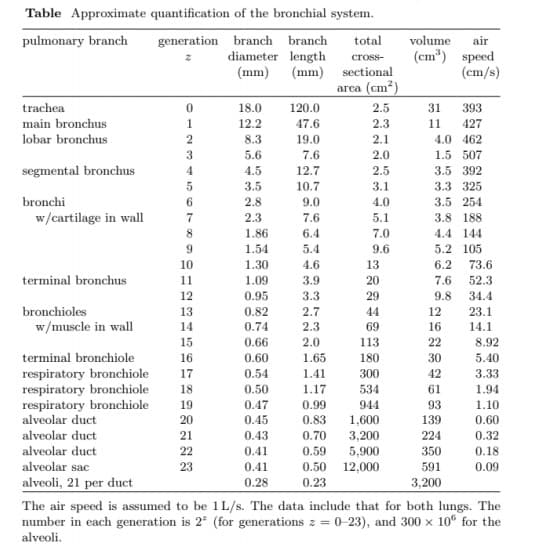 Table Approximate quantification of the bronchial system.
generation branch branch
diameter length
(mm)
pulmonary branch
total
volume
(cm") speed
(cm/s)
air
cross-
(mm)
sectional
arca (cm?)
trachea
18.0
120.0
2.5
31
393
main bronchus
1.
12.2
47.6
2.3
11
427
lobar bronchus
4.0 462
1.5 507
8.3
19.0
2.1
3
5.6
7.6
2.0
segmental bronchus
4
4.5
12.7
2.5
3.5 392
3.5
10.7
3.1
3.3 325
bronchi
6.
2.8
9.0
4.0
3.5 254
w/cartilage in wall
2.3
7.6
5.1
3.8 188
8.
1.86
6.4
7.0
4.4 144
1.54
5.4
9.6
5.2 105
10
1.30
4.6
13
6.2
73.6
terminal bronchus
11
1.09
3.9
20
7.6
52.3
12
0.95
3.3
29
9.8
34.4
bronchioles
13
0.82
2.7
44
12
23.1
w/muscle in wall
14
0.74
2.3
69
113
16
14.1
15
0.66
2.0
22
8.92
terminal bronchiole
1.65
1.41
16
0.60
180
30
5.40
respiratory bronchiole
respiratory bronchiole
respiratory bronchiole
alveolar duct
alveolar duct
300
534
17
0.54
42
3.33
18
0.50
1.17
61
1.94
19
0.47
0.45
0.99
944
93
1.10
20
0.83
1,600
139
0.60
21
0.43
0.70
3,200
224
0.32
alveolar duct
alveolar sac
22
0.41
0.59
5,900
350
0.18
23
0.41
0.50
12,000
591
0.09
alveoli, 21 per duct
0.28
0.23
3,200
The air speed is assumed to be 1L/s. The data include that for both lungs. The
number in each generation is 2 (for generations z = 0-23), and 300 x 10° for the
%3D
alveoli.
