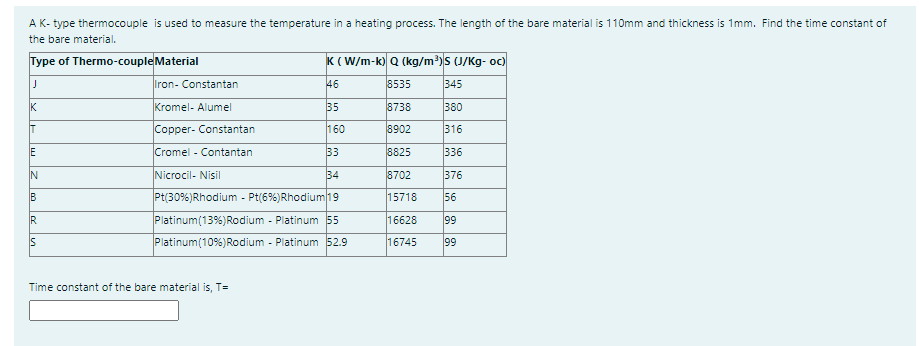 A K- type thermocouple is used to measure the temperature in a heating process. The length of the bare material is 110mm and thickness is 1mm. Find the time constant of
the bare material.
Type of Thermo-coupleMaterial
K ( W/m-k) Q (kg/m³)s (J/Kg- oc)
Iron- Constantan
46
8535
345
K
Kromel- Alumel
35
8738
380
T
Copper- Constantan
160
8902
316
E
Cromel - Contantan
33
8825
336
N
Nicrocil- Nisil
34
8702
376
B
Pt(30%)Rhodium - Pt(6%)Rhodium 19
15718
56
R
Platinum(13%)Rodium - Platinum 55
16628
99
Platinum(10%)Rodium - Platinum 52.9
16745
99
Time constant of the bare material is, T=
