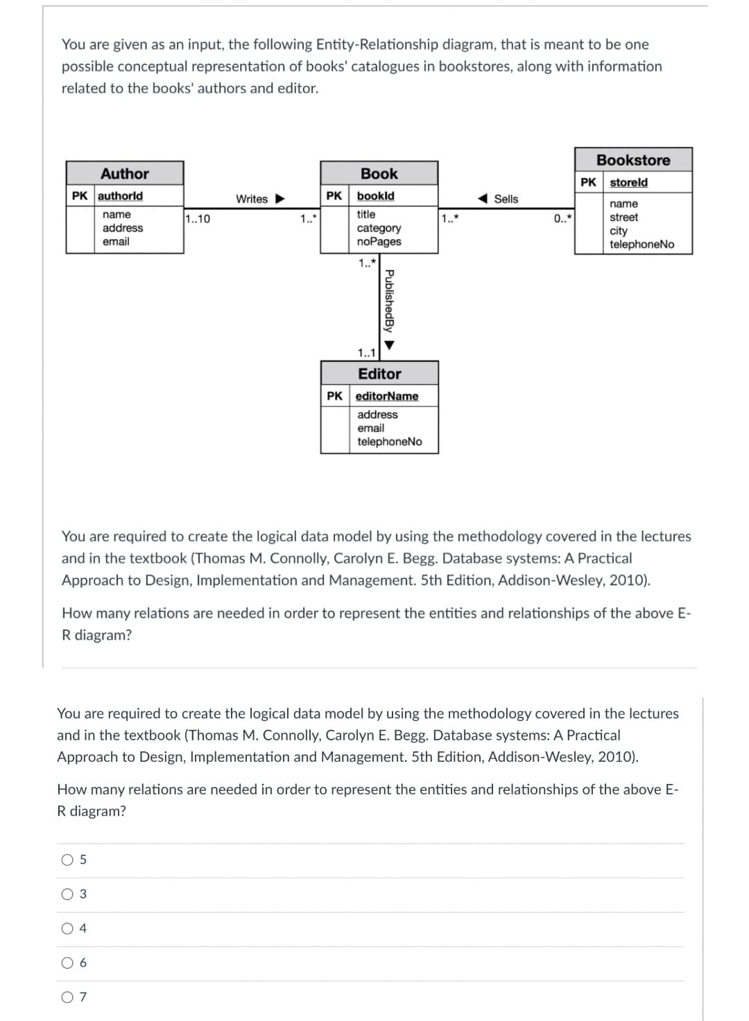 You are given as an input, the following Entity-Relationship diagram, that is meant to be one
possible conceptual representation of books' catalogues in bookstores, along with information
related to the books' authors and editor.
Bookstore
Author
Book
PK storeld
PK authorld
Writes >
PK
bookld
1 Sells
name
name
1.10
1.*
title
1.*
0..*
street
address
category
noPages
city
telephoneNo
email
1.*
1.1
Editor
PK editorName
address
email
telephoneNo
You are required to create the logical data model by using the methodology covered
the lectures
and in the textbook (Thomas M. Connolly, Carolyn E. Begg. Database systems: A Practical
Approach to Design, Implementation and Management. 5th Edition, Addison-Wesley, 2010).
How many relations are needed in order to represent the entities and relationships of the above E-
R diagram?
You are required to create the logical data model by using the methodology covered in the lectures
and in the textbook (Thomas M. Connolly, Carolyn E. Begg. Database systems: A Practical
Approach to Design, Implementation and Management. 5th Edition, Addison-Wesley, 2010).
How many relations are needed in order to represent the entities and relationships of the above E-
R diagram?
3
4
O 7
PublishedBy ►
