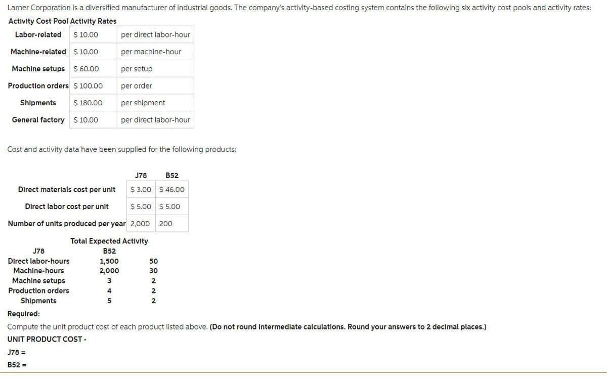 Larner Corporation is a diversified manufacturer of industrial goods. The company's activity-based costing system contains the following six activity cost pools and activity rates:
Activity Cost Pool Activity Rates
Labor-related
$ 10.00
Machine-related $ 10.00
Machine setups $ 60.00
Production orders $ 100.00
Shipments $ 180.00
General factory $ 10.00
Cost and activity data have been supplied for the following products:
per direct labor-hour
per machine-hour
per setup
per order
per shipment
per direct labor-hour
J78
Direct labor-hours
Machine-hours
Machine setups
Production orders
Shipments
Direct materials cost per unit
Direct labor cost per unit
Number of units produced per year 2,000
Total Expected Activity
B52
1,500
2,000
3
4
5
J78
$3.00
$ 5.00
J78 =
B52 =
50
30
2
2
2
B52
$ 46.00
$ 5.00
200
Required:
Compute the unit product cost of each product listed above. (Do not round Intermediate calculations. Round your answers to 2 decimal places.)
UNIT PRODUCT COST-