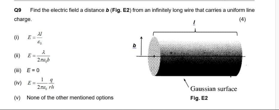 Q9
charge.
(i)
Find the electric field a distance b (Fig. E2) from an infinitely long wire that carries a uniform line
(4)
(ii)
E =
E =
21
80
2
2πε b
(iii) E=0
(iv) E=
19
276 rh
(v) None of the other mentioned options
b
www
I
Gaussian surface
Fig. E2