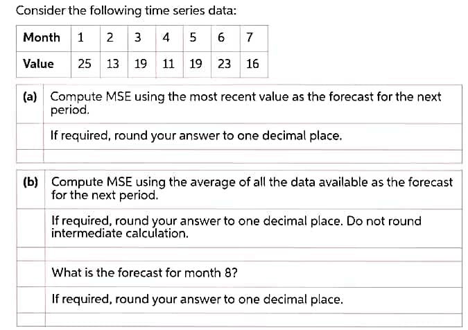 Consider the following time series data:
Month 1 2 3 4 5 6 7
Value
25 13 19 11 19 23 16
(a) Compute MSE using the most recent value as the forecast for the next
period.
If required, round your answer to one decimal place.
(b) Compute MSE using the average of all the data available as the forecast
for the next period.
If required, round your answer to one decimal place. Do not round
intermediate calculation.
What is the forecast for month 8?
If required, round your answer to one decimal place.
