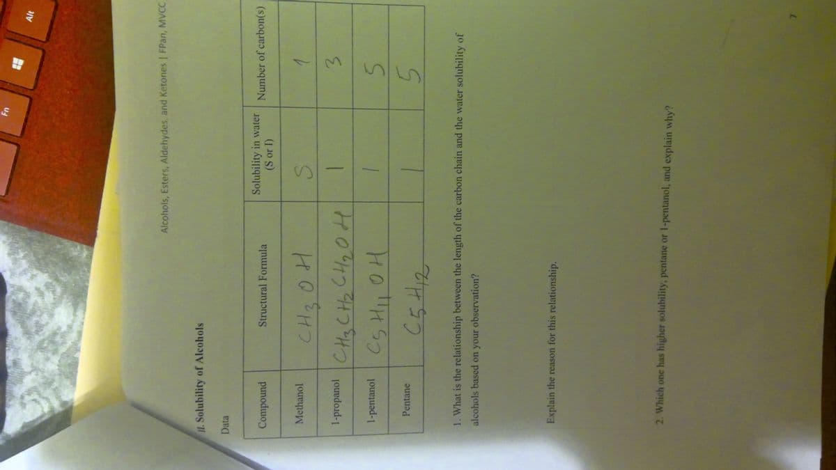 Alt
Alcohols, Esters, Aldehydes, and Ketones | FPan, MVCC
II. Solubility of Alcohols
Data
Solubility in water
(S or I)
Number of carbon(s)
Compound
Structural Formula
CH2 0H
Methanol
1-propanol
3.
1-pentanol
Pentane
5.
1. What is the relationship between the length of the carbon chain and the water solubility of
alcohols based on your observation?
Explain the reason for this relationship.
2. Which one has higher solubility, pentane or 1-pentanol, and explain why?
