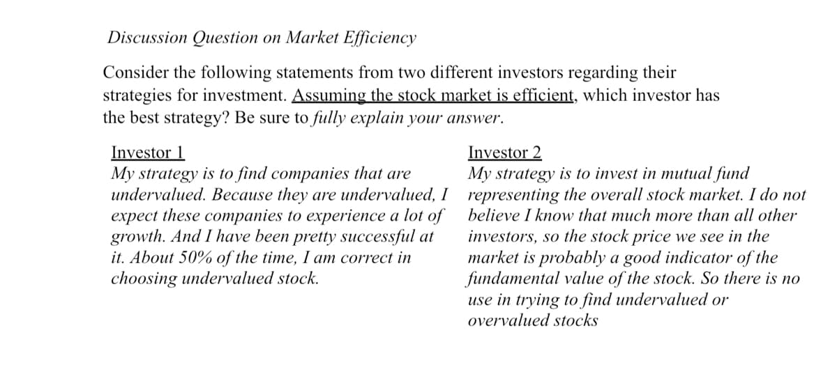 Discussion Question on Market Efficiency
Consider the following statements from two different investors regarding their
strategies for investment. Assuming the stock market is efficient, which investor has
the best strategy? Be sure to fully explain your answer.
Investor 1
My strategy is to find companies that are
undervalued. Because they are undervalued, I representing the overall stock market. I do not
expect these companies to experience a lot of
growth. And I have been pretty successful at
it. About 50% of the time, I am correct in
choosing undervalued stock.
Investor 2
My strategy is to invest in mutual fund
believe I know that much more than all other
investors, so the stock price we see in the
market is probably a good indicator of the
fundamental value of the stock. So there is no
use in trying to find undervalued or
overvalued stocks
