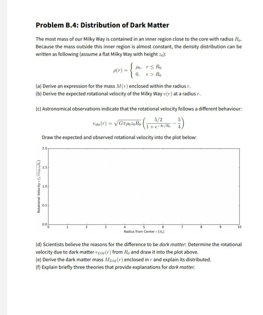 The most mass of our Milky Way is contained in an inner region close to the core with radius Ro.
Because the mass outside this inner region is almost constant, the density distribution can be
written as following (assume a flat Milky Way with height zo):
P(r) = Po, rS R
0, r> Ro
(a) Derive an expression for the mass M(r) enclosed within the radius r.
(b) Derive the expected rotational velocity of the Milky Way u(r) at a radius r.
(c) Astronomical observations indicate that the rotational velocity follows a different behaviour:
5/2
1+e-/Ro
Draw the expected and observed rotational velocity into the plot below:
2.0
1.5
0.5
0.0
10
Radius from Centerr [R)
(d) Scientists believe the reasons for the difference to be dark matter: Determine the rotational
velocity due to dark matter upM(r) from Ro and draw it into the plot above.
(e) Derive the dark matter mass Mpar(r) enclosed in r and explain its distributed.
(f) Explain briefly three theories that provide explanations for dark matter.
Rotational Velocity [yG )
