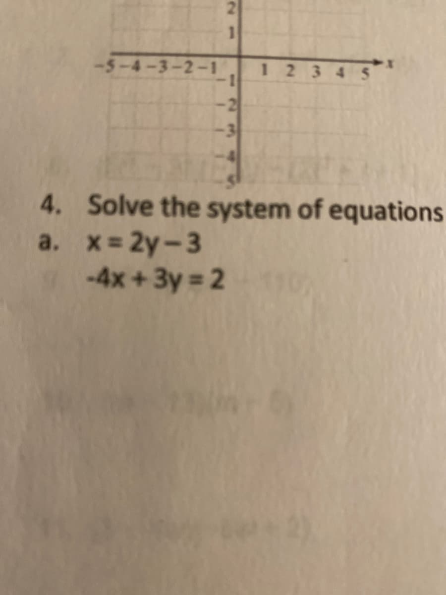 -5-4-3-2-1
21
-4x+3y=2
2
12345
4. Solve the system of equations
a. x=2y-3