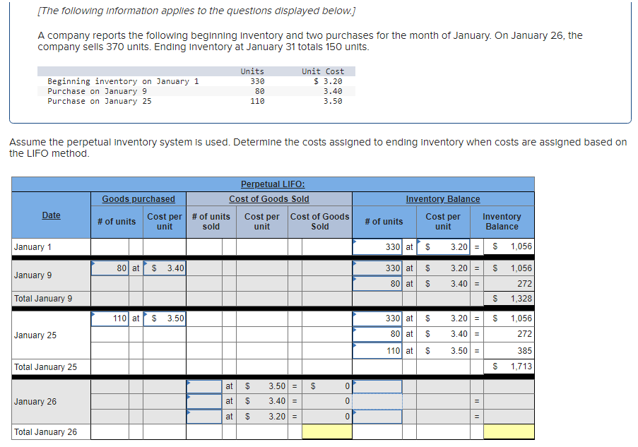 [The following Information applies to the questions displayed below.]
A company reports the following beginning Inventory and two purchases for the month of January. On January 26, the
company sells 370 units. Ending Inventory at January 31 totals 150 units.
Beginning inventory on January 1
Purchase on January 9
Units
330
80
Unit Cost
$ 3.20
Purchase on January 25
110
3.40
3.50
Assume the perpetual inventory system is used. Determine the costs assigned to ending inventory when costs are assigned based on
the LIFO method.
Perpetual LIFO:
Goods purchased
Cost of Goods Sold
Date
# of units Cost per # of units
unit
sold
Cost per Cost of Goods
unit
Sold
# of units
Inventory Balance
Cost per
unit
Inventory
Balance
January 1
January 9
Total January 9
330 at $
3.20= $ 1,056
80 at $
3.40
330 at $
80 at $
3.20=
3.40=
6
1,056
272
$ 1,328
110 at
69
3.50
330 at
69
$
January 25
80 at $
3.20= S
3.40=
1,056
272
110 at $
3.50=
385
$
1,713
Total January 25
January 26
Total January 26
at $
3.50=
at $
3.40=
1
at
$
3.20=
69
$
0
0
0
=