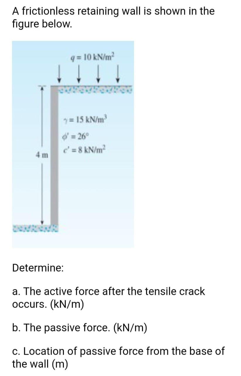 A frictionless retaining wall is shown in the
figure below.
q=10 kN/m²
7=15 kN/m³
= 26°
c' = 8 kN/m²
Determine:
a. The active force after the tensile crack
occurs. (kN/m)
b. The passive force. (kN/m)
c. Location of passive force from the base of
the wall (m)