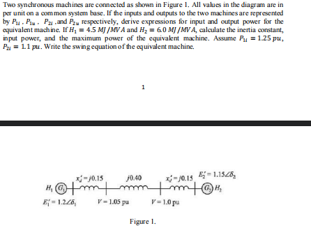 Two synchronous machines are connected as shown in Figure 1. All values in the diagram are in
per unit on a common system base. If the inputs and outputs to the two machines are represented
by P₁, P₁ P₂, and P2, respectively, derive expressions for input and output power for the
equivalent machine. If H₂ = 4.5 MJ/MV A and H₂ = 6.0 MJ/MVA, calculate the inertia constant,
input power, and the maximum power of the equivalent machine. Assume P₁ = 1.25 pu,
P₂ = 1.1 pu. Write the swing equation of the equivalent machine.
1
x-10.15
Hmmm
V-1.05 pu
E = 1.246,
j0.40
x-10.15 -1.1528₂
mm H₂
V=1.0 pu
Figure 1.