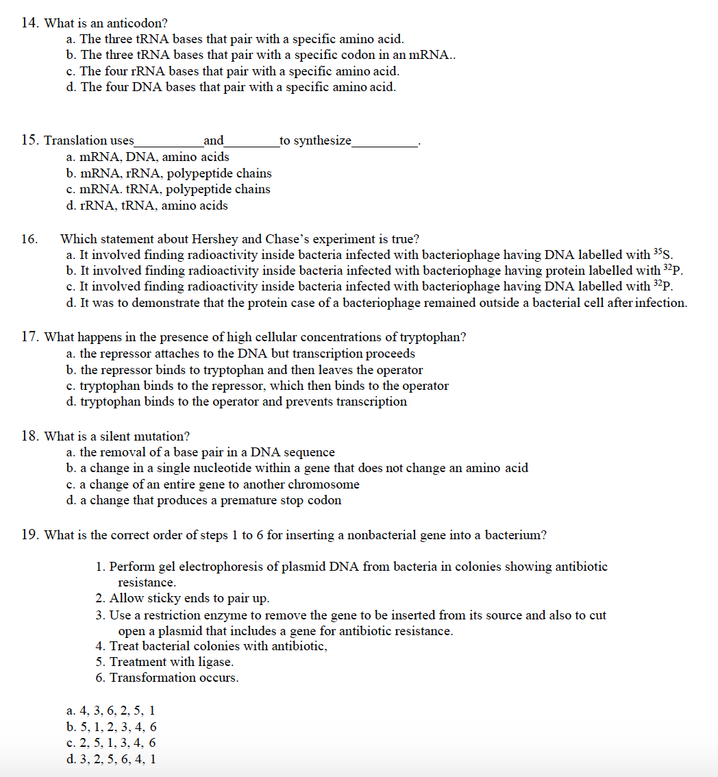 14. What is an anticodon?
a. The three tRNA bases that pair with a specific amino acid.
b. The three tRNA bases that pair with a specific codon in an mRNA..
16.
c. The four rRNA bases that pair with a specific amino acid.
d. The four DNA bases that pair with a specific amino acid.
15. Translation uses
and
a. mRNA, DNA, amino acids
b. mRNA, TRNA, polypeptide chains
c. mRNA. tRNA, polypeptide chains
d. rRNA, tRNA, amino acids
Which statement about Hershey and Chase's experiment is true?
a. It involved finding radioactivity inside bacteria infected with bacteriophage having DNA labelled with ³5S.
b. It involved finding radioactivity inside bacteria infected with bacteriophage having protein labelled with ³2P.
c. It involved finding radioactivity inside bacteria infected with bacteriophage having DNA labelled with ³2P.
d. It was to demonstrate that the protein case of a bacteriophage remained outside a bacterial cell after infection.
17. What happens in the presence of high cellular concentrations of tryptophan?
a. the repressor attaches to the DNA but transcription proceeds
b. the repressor binds to tryptophan and then leaves the operator
c. tryptophan binds to the repressor, which then binds to the operator
d. tryptophan binds to the operator and prevents transcription
18. What is a silent mutation?
to synthesize_
a. the removal of a base pair in a DNA sequence
b. a change in a single nucleotide within a gene that does not change an amino acid
c. a change of an entire gene to another chromosome
d. a change that produces a premature stop codon
19. What is the correct order of steps 1 to 6 for inserting a nonbacterial gene into a bacterium?
1. Perform gel electrophoresis of plasmid DNA from bacteria in colonies showing antibiotic
resistance.
2. Allow sticky ends to pair up.
3. Use a restriction enzyme to remove the gene to be inserted from its source and also to cut
open a plasmid that includes a gene for antibiotic resistance.
4. Treat bacterial colonies with antibiotic,
5. Treatment with ligase.
6. Transformation occurs.
a. 4, 3, 6, 2, 5, 1
b. 5, 1, 2, 3, 4, 6
c. 2, 5, 1, 3, 4, 6
d. 3, 2, 5, 6, 4, 1