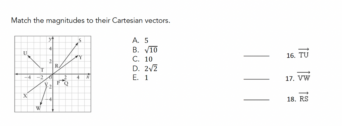 y↑
S
4
U
Match the magnitudes to their Cartesian vectors.
A. 5
B. √10
2
C.
10
R
T
-4
-2
2
4
x
E.
1
V
P
☑
4
W
16. TU
D. 2√2
17. VW
18. RS