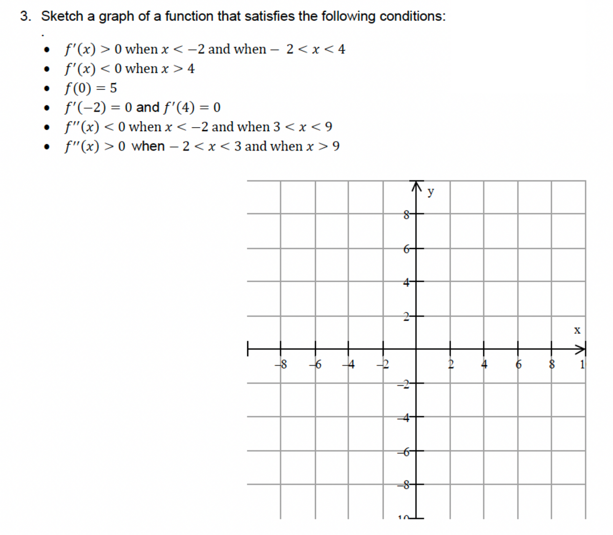 3. Sketch a graph of a function that satisfies the following conditions:
f'(x) > 0 when x < −2 and when – 2 < x < 4
f'(x) < 0 when x > 4
f(0) = 5
•
•
f'(-2) = 0 and f'(4) = 0
f"(x) < 0 when x < -2 and when 3 < x < 9
• f'(x) > 0 when - 2<x<3 and when x > 9
-6
+
-
do
6
+
d
co
y
V x
X
1