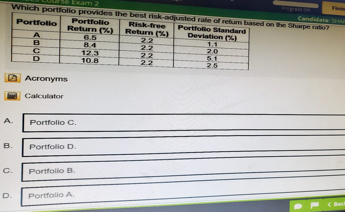 Finis
se Exam 2
Progress 096
Candidate: SHAF
Which portfolio provides the best risk-adjusted rate of return based on the Sharpe ratio?
Portfolio Standard
Portfolio
Risk-free
ABCD
Portfolio
Return (%)
Return (%)
Deviation (%)
6.5
2.2
1.1
8.4
2.2
2.0
12.3
2.2
5.1
10.8
2.2
2.5
Acronyms
Calculator
A.
Portfolio C.
B.
Portfolio D.
C.
Portfolio B.
D.
Portfolio A.
<Back