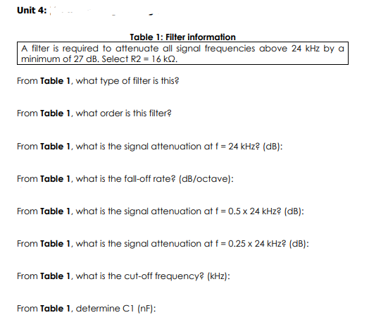 Unit 4:
Table 1: Filter information
A filter is required to attenuate all signal frequencies above 24 kHz by a
minimum of 27 dB. Select R2 = 16 kQ.
From Table 1, what type of filter is this?
From Table 1, what order is this filter?
From Table 1, what is the signal attenuation at f = 24 kHz? (dB):
From Table 1, what is the fall-off rate? (dB/octave):
From Table 1, what is the signal attenuation at f = 0.5 x 24 kHz? (dB):
From Table 1, what is the signal attenuation at f = 0.25 x 24 kHz? (dB):
From Table 1, what is the cut-off frequency? (kHz):
From Table 1,
ermine C1 (nF):
