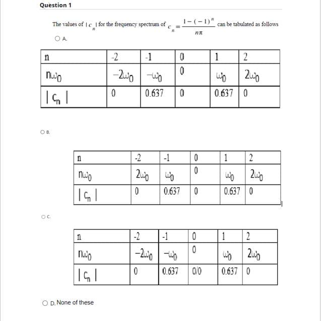 Question 1
1-(-1)"
The values of I c for the frequency spectrum of
can be tabulated as follows
OA.
n
-2
-1
1
2
Nuo
0.637
0.637 0
OB.
n
-2
-1
1
0.637 0
GI
0.637
OC.
-2
-1
1
2
-20
0.637
0/0
0.637 0
O D. None of these
