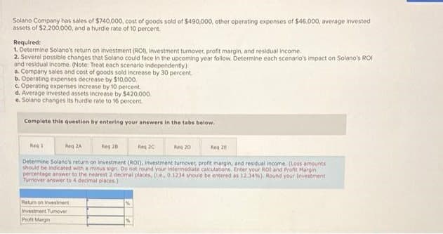 Solano Company has sales of $740,000, cost of goods sold of $490,000, other operating expenses of $46,000, average invested
assets of $2.200,000, and a hurdle rate of 10 percent.
Required:
1. Determine Solano's return on investment (ROI), Investment turnover, profit margin, and residual income.
2. Several possible changes that Solano could face in the upcoming year follow. Determine each scenario's impact on Solano's ROI
and residual income. (Note: Treat each scenario independently)
a. Company sales and cost of goods sold increase by 30 percent.
b. Operating expenses decrease by $10,000.
c. Operating expenses increase by 10 percent.
d. Average invested assets increase by $420,000.
e. Solano changes its hurdle rate to 16 percent.
Complete this question by entering your answers in the tabs below.
Reg
Reg 2A
Reg 2n
Reg 20
Reg 20
Reg 2
Determine Solano's return on investment (ROI), investment turnover, profit margin, and residual income. (Loss amounts
should be indicated with a minus sign. Do not round your intermediate calculations. Enter your Rot and Proft Hargin
percentage answer to the nearest 2 decimal places, 0e. 0.1234 should be entered as 12.346) Round your Investment
Turnover answer to 4 decimal piaces.)
Ratum on investment
Investment Tumover
Proft Margin
