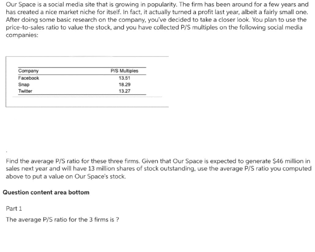 Our Space is a social media site that is growing in popularity. The firm has been around for a few years and
has created a nice market niche for itself. In fact, it actually turned a profit last year, albeit a fairly small one.
After doing some basic research on the company, you've decided to take a closer look. You plan to use the
price-to-sales ratio to value the stock, and you have collected P/S multiples on the following social media
companies:
Company
Facebook
Snap
Twitter
P/S Multiples
13.51
18.29
13.27
Find the average P/S ratio for these three firms. Given that Our Space is expected to generate $46 million in
sales next year and will have 13 million shares of stock outstanding, use the average P/S ratio you computed
above to put a value on Our Space's stock.
Question content area bottom
Part 1
The average P/S ratio for the 3 firms is?