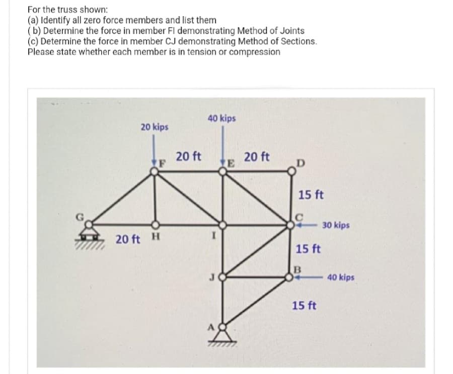 For the truss shown:
(a) Identify all zero force members and list them
(b) Determine the force in member Fl demonstrating Method of Joints
(c) Determine the force in member CJ demonstrating Method of Sections.
Please state whether each member is in tension or compression
20 kips
IF
20 ft H
20 ft
40 kips
I
E
20 ft
D
15 ft
15 ft
B
15 ft
30 kips
40 kips