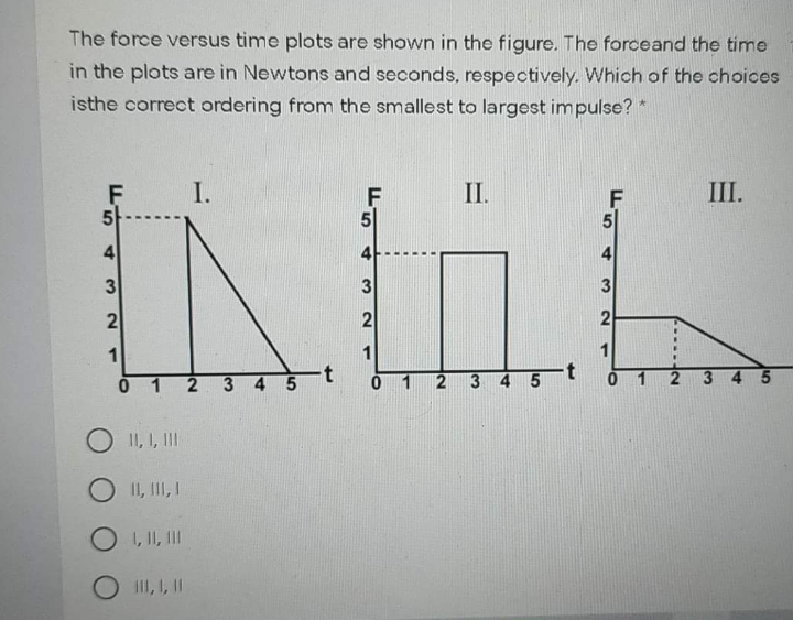 The force versus time plots are shown in the figure. The forceand the time
in the plots are in Newtons and seconds, respectively. Which of the choices
isthe correct ordering from the smallest to largest impulse? *
F
I.
II.
III.
F
5
4
4
3
1
1
1
0 1
45
3 4 5
O II, I, II
O II, III, I
O , II, II
III, 1, I1
2.
4.
3.
