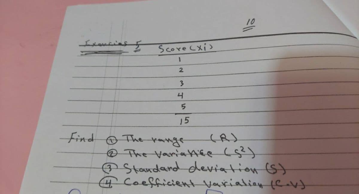 10
عععسمبك
E score cxi>
3.
15
find he range
@ The Varia tife (ę?)
@Staundand deviation (S)
Coefficient Varialiey teakt
