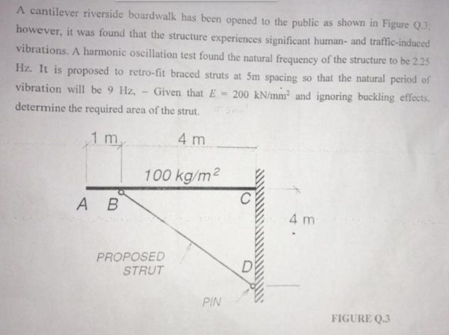 A cantilever riverside boardwalk has been opened to the public as shown in Figure Q.3³;
however, it was found that the structure experiences significant human- and traffic-induced
vibrations. A harmonic oscillation test found the natural frequency of the structure to be 2.25
Hz. It is proposed to retro-fit braced struts at 5m spacing so that the natural period of
vibration will be 9 Hz, Given that E = 200 kN/mm² and ignoring buckling effects.
determine the required area of the strut.
1 my
4 m
100 kg/m²
AB
PROPOSED
STRUT
PIN
4 m
FIGURE Q.3