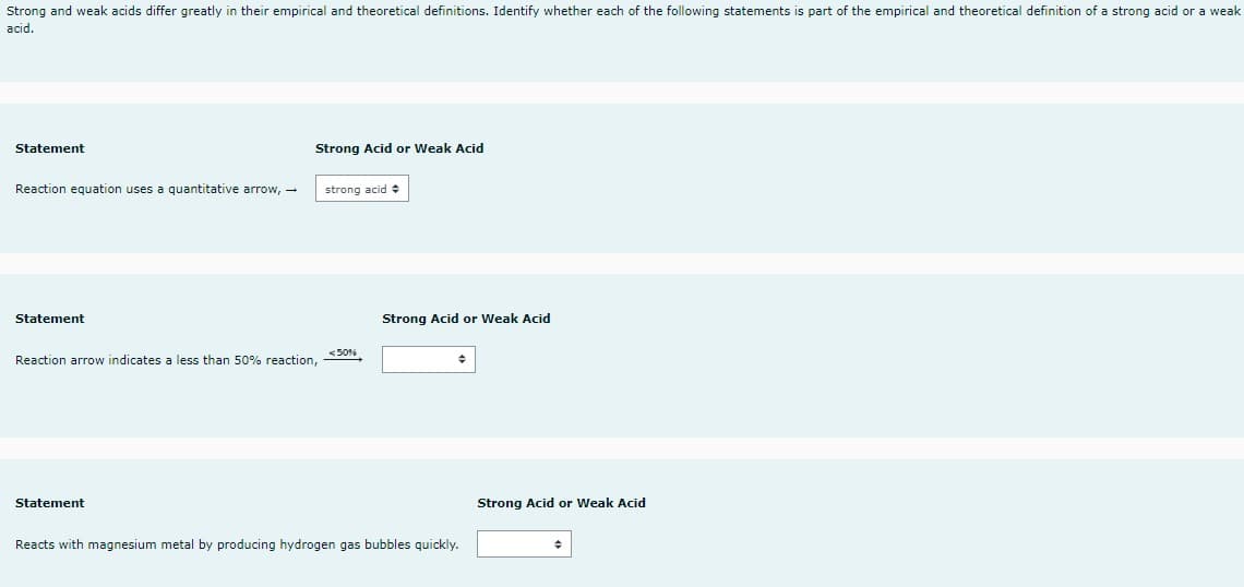 Strong and weak acids differ greatly in their empirical and theoretical definitions. Identify whether each of the following statements part of the empirical and theoretical definition of a strong acid or a weak
acid.
Statement
Strong Acid or Weak Acid
Reaction equation uses a quantitative arrow, →
strong acid +
Statement
<50%
Reaction arrow indicates a less than 50% reaction,
Statement
Reacts with magnesium metal by producing hydrogen gas bubbles quickly.
Strong Acid or Weak Acid
Strong Acid or Weak Acid
+