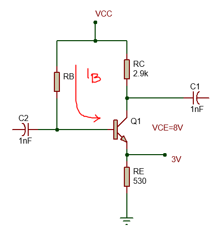 VCC
RC
IB
RB
2.9k
C1
HE
1nF
C2
Q1
VCE=8V
1nF
3V
RE
530
