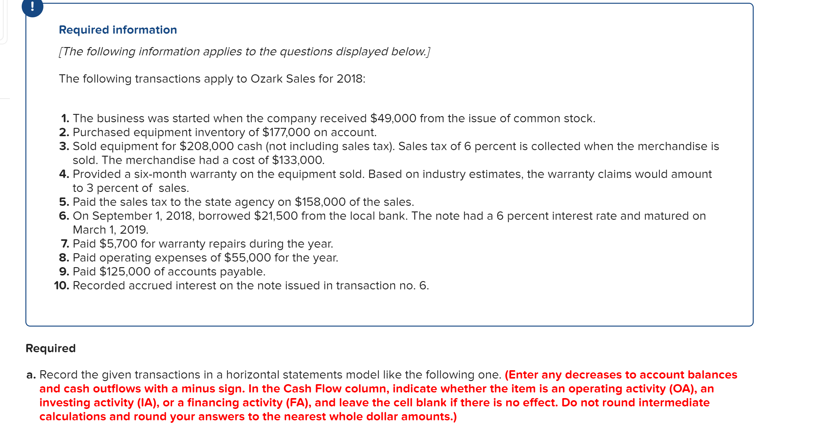 ### Required Information
*The following information applies to the questions displayed below.*

The following transactions apply to Ozark Sales for 2018:

1. The business was started when the company received $49,000 from the issue of common stock.
2. Purchased equipment inventory of $177,000 on account.
3. Sold equipment for $208,000 cash (not including sales tax). Sales tax of 6 percent is collected when the merchandise is sold. The merchandise had a cost of $133,000.
4. Provided a six-month warranty on the equipment sold. Based on industry estimates, the warranty claims would amount to 3 percent of sales.
5. Paid the sales tax to the state agency on $158,000 of the sales.
6. On September 1, 2018, borrowed $21,500 from the local bank. The note had a 6 percent interest rate and matured on March 1, 2019.
7. Paid $5,700 for warranty repairs during the year.
8. Paid operating expenses of $55,000 for the year.
9. Paid $125,000 of accounts payable.
10. Recorded accrued interest on the note issued in transaction no. 6.

### Required 
a. Record the given transactions in a horizontal statements model like the following one. *(Enter any decreases to account balances and cash outflows with a minus sign. In the Cash Flow column, indicate whether the item is an operating activity (OA), an investing activity (IA), or a financing activity (FA), and leave the cell blank if there is no effect. Do not round intermediate calculations and round your answers to the nearest whole dollar amounts.)*

---

Please note: Since this transcription does not include the specific horizontal statements model referenced (as no diagram or table was provided), educators should refer to or create an equivalent table for students to input the transactions.

For further assistance with the structure or examples of horizontal statements models, students can refer to standard accounting textbooks or resources.
