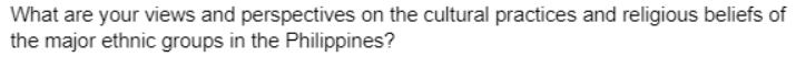 What are your views and perspectives on the cultural practices and religious beliefs of
the major ethnic groups in the Philippines?
