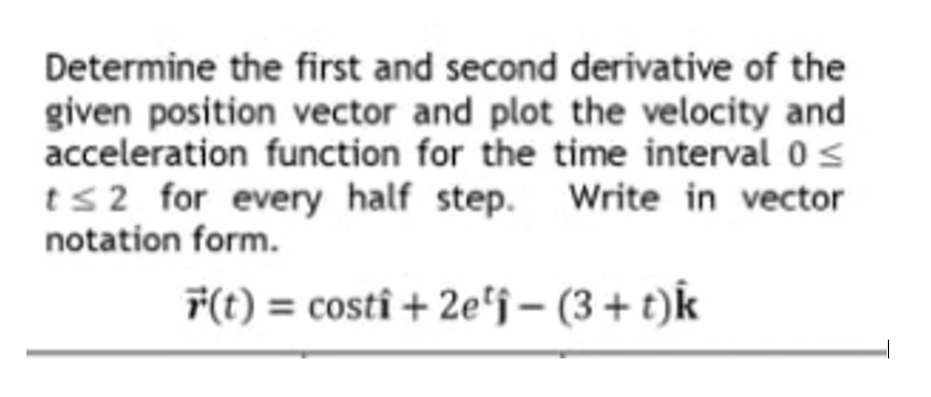 Determine the first and second derivative of the
given position vector and plot the velocity and
acceleration function for the time interval 0s
ts2 for every half step. Write in vector
notation form.
F(t) = costî + 2e'j – (3+ t)k
