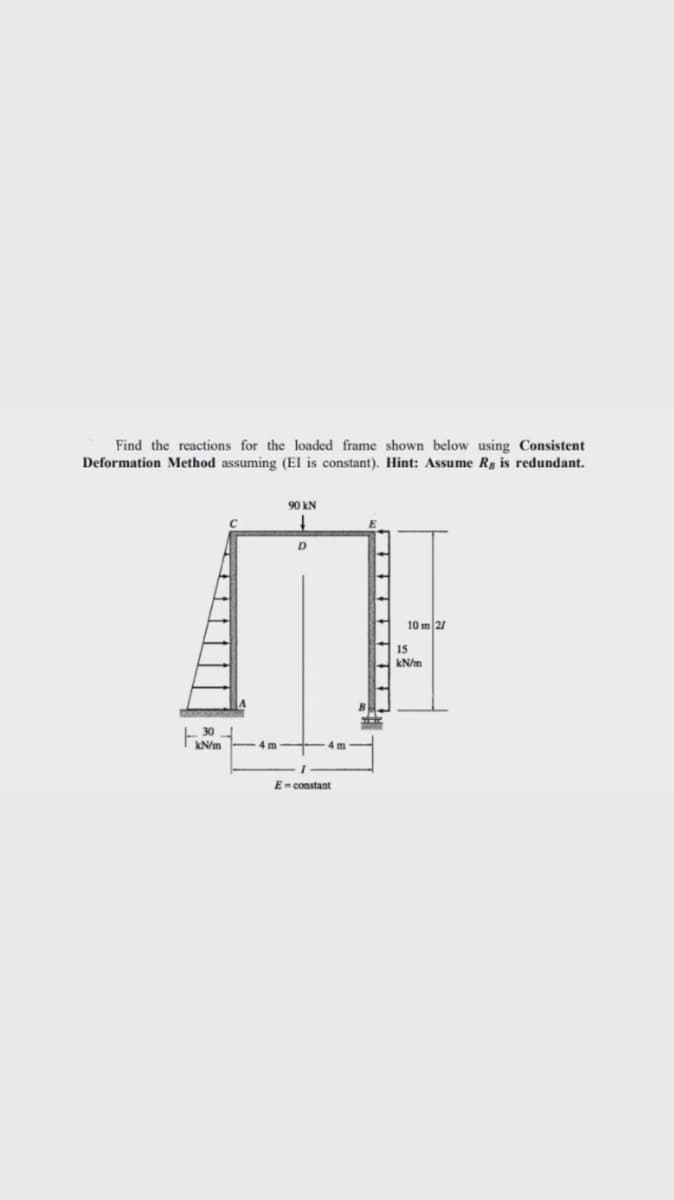 Find the reactions for the loaded frame shown below using Consistent
Deformation Method assuming (El is constant). Hint: Assume Rg
redundant.
90 kN
10 m 2/
15
kN/m
30
KN/m
4m
4m
E-constant
