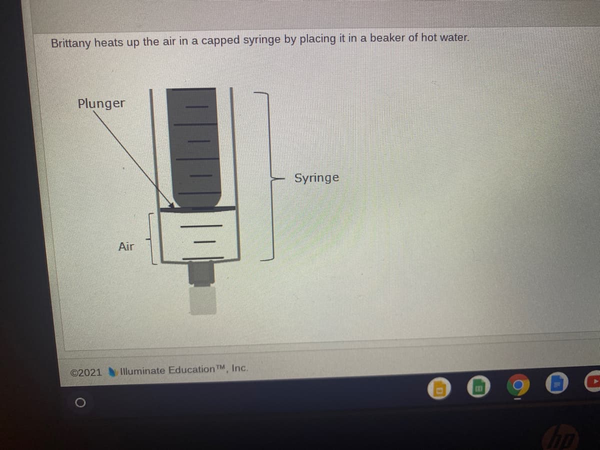 Brittany heats up the air in a capped syringe by placing it in a beaker of hot water.
Plunger
Syringe
Air
©2021 Illuminate Education TM, Inc.
