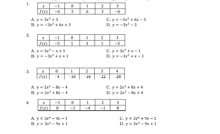 1.
-1
1.
2
3
|f(x)
-6
3
6.
3
-6
A. y = 3x? + 3
В. у%3D - Зх? + 6х +3
C. y = -3x? + 6x – 3
D. y = -3x2 – 3
2.
-1
1
3
|f(x)
-5
1
3
1.
-5
A. y = 3x2 – x +1
B. y = -3x2 + x +1
C. y = 3x? + x – 1
D. y = -3x2 +x – 1
3.
1
3
-4
10
16
22
28
A. y = 2x2 - 8x – 4
B. y = 2x2 + 8x – 4
C. y = 2x2 + 8x + 4
D. y = 2x2 – 8x + 4
4.
-1
1.
2
f(x)
8.
-1
-4
-1
8
A. y = 3x* - 9x - 1
В. у %3D 3x2 — 9х +1
C. y = 3x* + 9x – 1
D. y = 3x2 – 9x + 1
