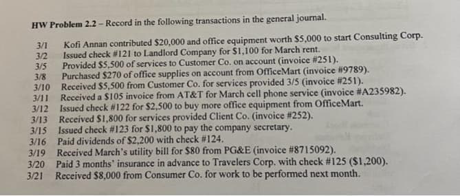 HW Problem 2.2-Record in the following transactions in the general journal.
Kofi Annan contributed $20,000 and office equipment worth $5,000 to start Consulting Corp.
Issued check # 121 to Landlord Company for $1,100 for March rent.
Provided $5,500 of services to Customer Co. on account (invoice # 251).
Purchased $270 of office supplies on account from OfficeMart (invoice #9789).
Received $5,500 from Customer Co. for services provided 3/5 (invoice # 251).
Received a $105 invoice from AT&T for March cell phone service (invoice #A235982).
Issued check #122 for $2,500 to buy more office equipment from OfficeMart.
3/13 Received $1,800 for services provided Client Co. (invoice # 252).
3/11
3/12
3/15 Issued check # 123 for $1,800 to pay the company secretary.
3/16 Paid dividends of $2,200 with check #124.
3/1
3/2
3/5
3/8
3/10
3/19 Received March's utility bill for $80 from PG&E (invoice # 8715092).
3/20 Paid 3 months' insurance in advance to Travelers Corp. with check #125 ($1,200).
3/21 Received $8,000 from Consumer Co. for work to be performed next month.