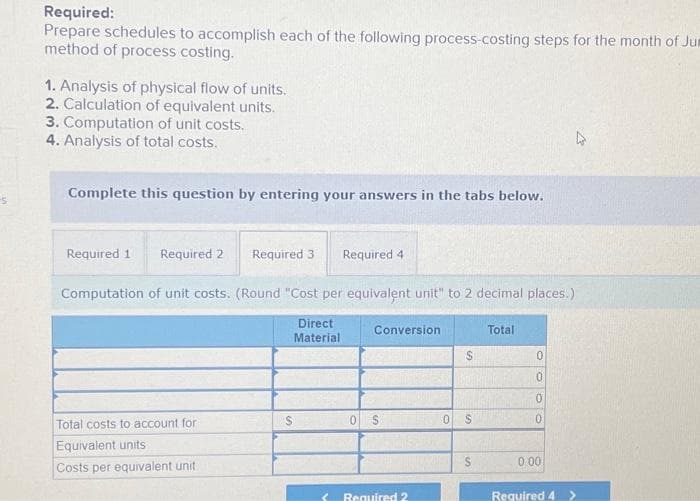 Required:
Prepare schedules to accomplish each of the following process-costing steps for the month of Jun
method of process costing.
1. Analysis of physical flow of units.
2. Calculation of equivalent units.
3. Computation of unit costs.
4. Analysis of total costs.
Complete this question by entering your answers in the tabs below.
Required 1 Required 2
Required 31 Required 4
Computation of unit costs. (Round "Cost per equivalent unit" to 2 decimal places.)
Direct
Material
Total costs to account for
Equivalent units
Costs per equivalent unit
S
Conversion
0 $
Required 2
S
0 S
S
Total
0
0
0
0
0.00
Required 4 >